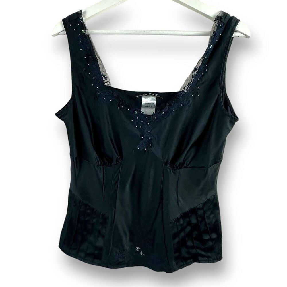 Tribal Women's 8 Lace Trim Silk Corset Tank Top Black‎ Dark Fairycore Y2K Beaded